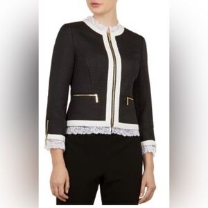 NWT Ted Baker Navy Lace Trim Contrast Zip Blazer Jacket with Gold Trim Sz 1(US4)